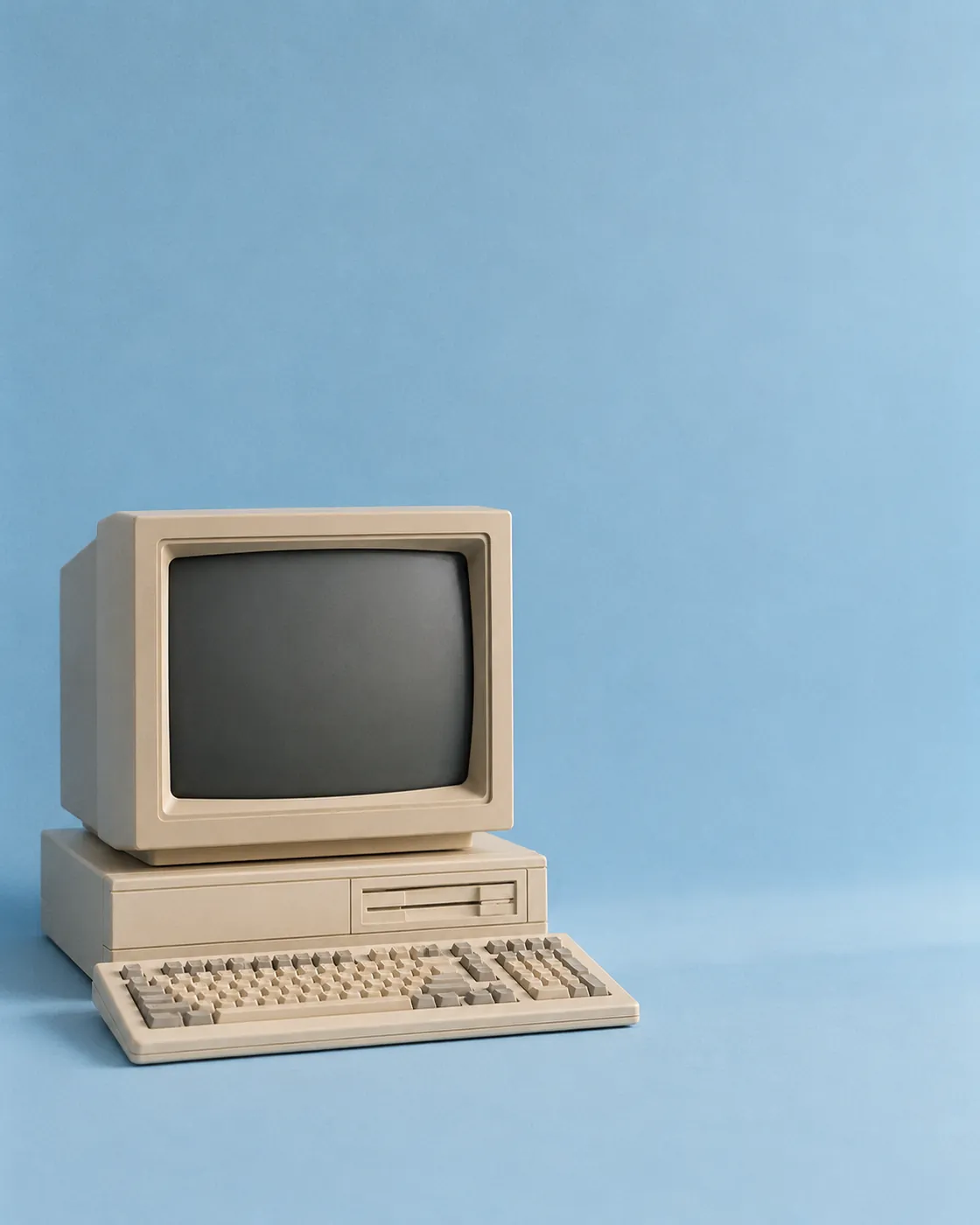 Ordenador beige de los años 80 con la pantalla apagada sobre fondo azul