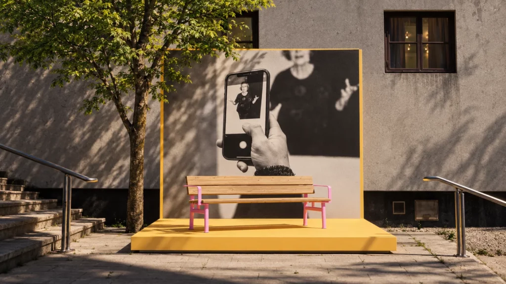 Panel expositivo amarillo en un patio con un banco delante y, impresa, la foto de una mano que fotografía con el móvil el retrato de una participante de A tus ojos mi voz