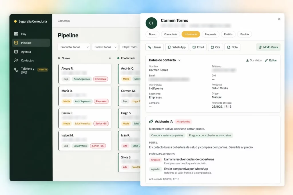 Ficha de un lead en ai1crm con el Asistente IA: perfil del cliente y próximas acciones recomendadas