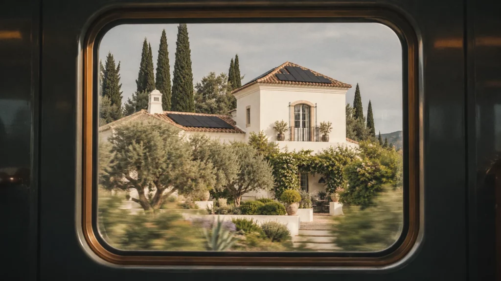 Una casa de campo encalada con placas solares en el tejado, vista a través de la ventanilla de un tren