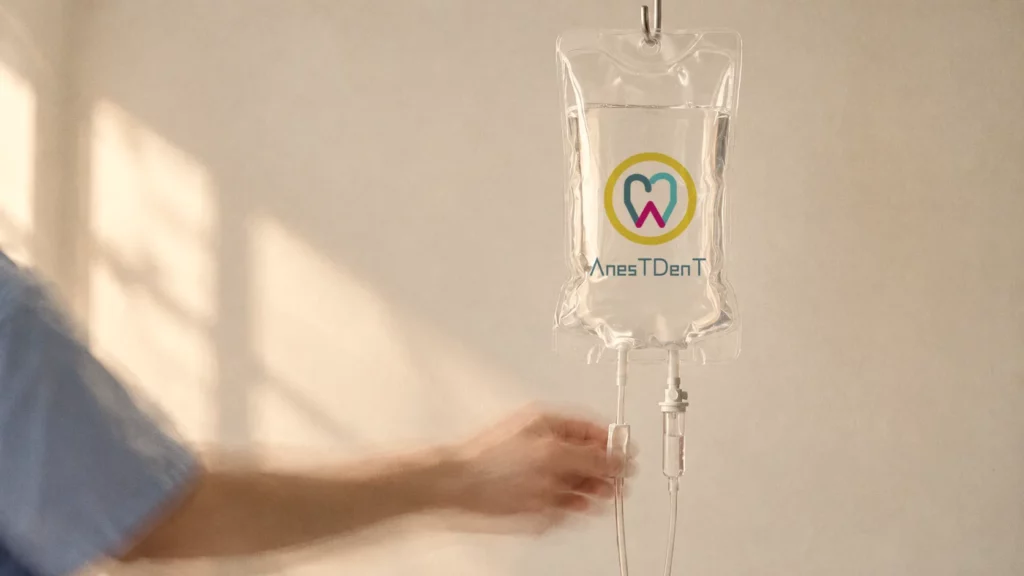 Un gotero de suero con el logotipo de Anestdent y una mano con pijama sanitario que ajusta el tubo, en movimiento