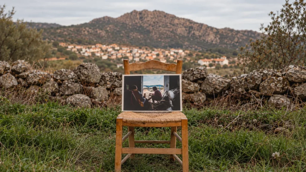 Silla de enea en el campo, junto a un muro de piedra y un pueblo blanco al fondo, con la foto de dos mujeres remendando redes en un almacén del puerto