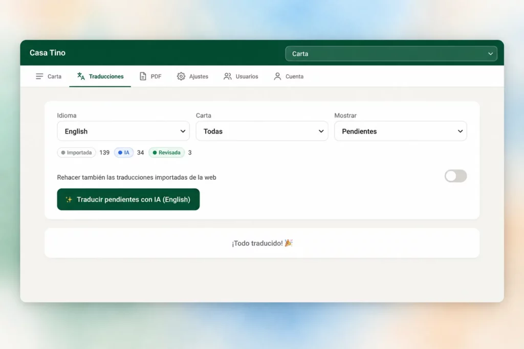 Estado de las traducciones de la carta de Casa Tino, con el botón para traducir lo pendiente con IA
