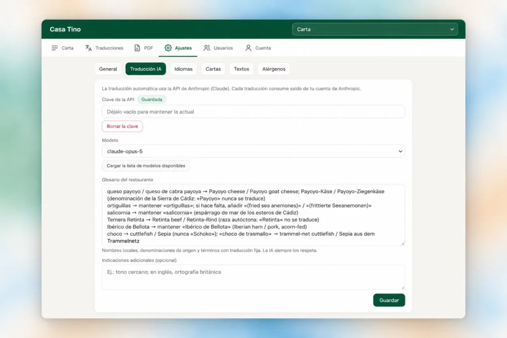 Ajustes de la traducción con IA de la carta de Casa Tino, con el glosario de términos del restaurante