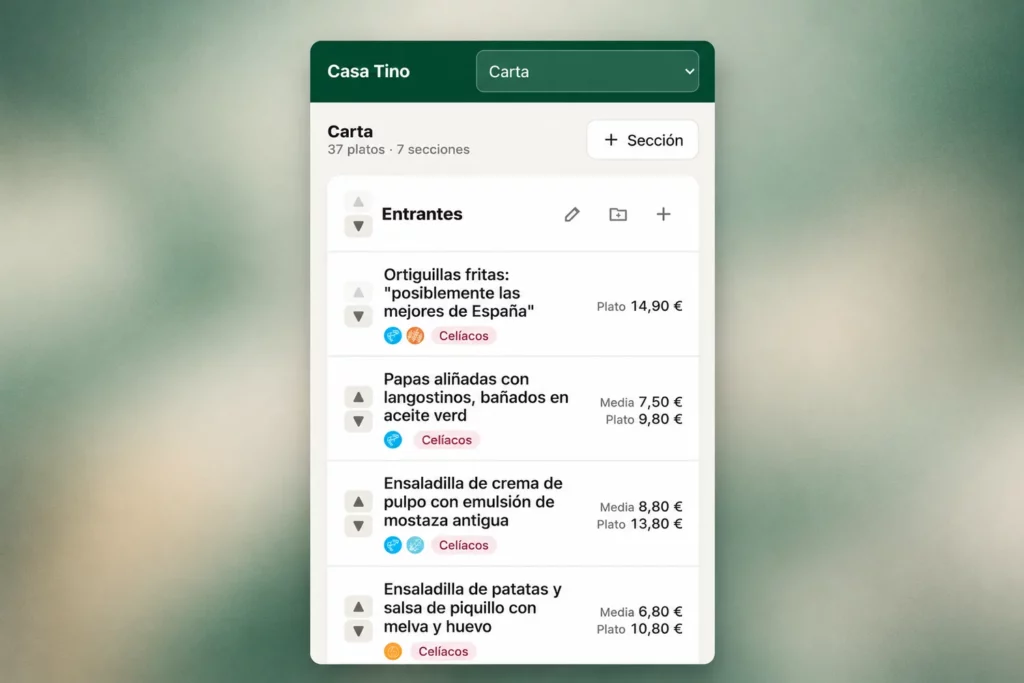 Panel de la carta de Casa Tino en la versión móvil