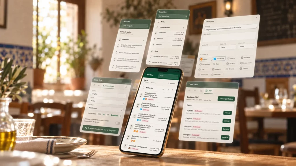Un móvil con la carta digital de Casa Tino sobre la mesa de un restaurante andaluz, rodeado de pantallas flotantes de la carta, las traducciones y el PDF