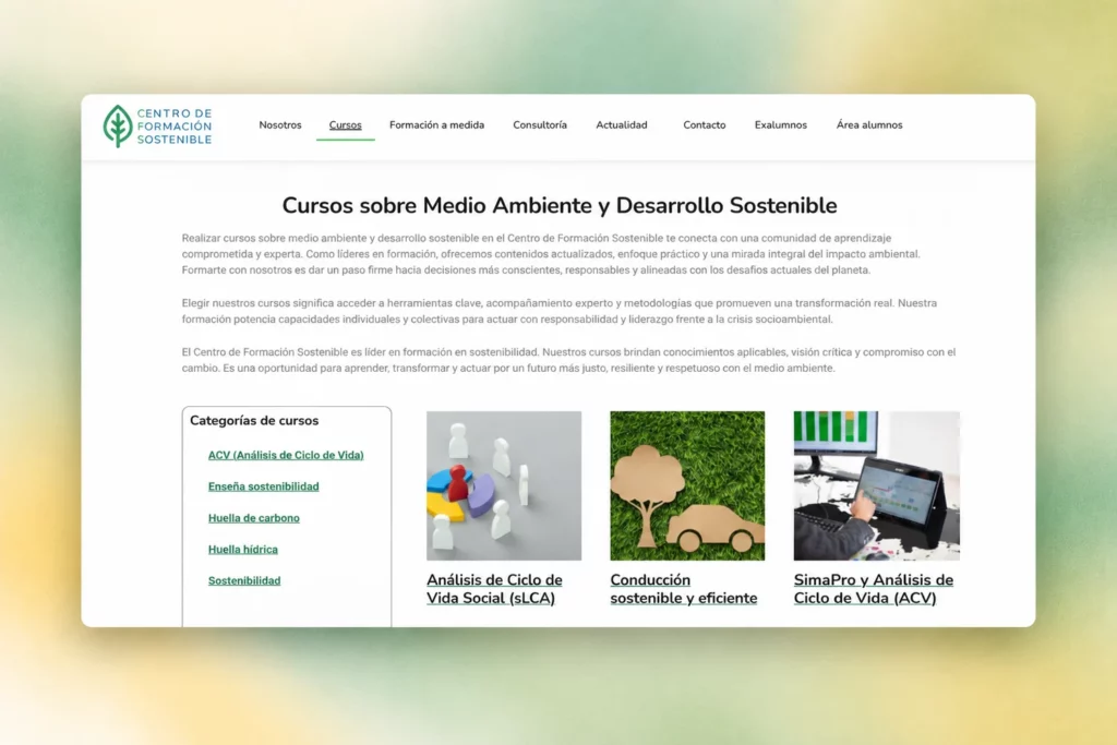 Catálogo de cursos sobre medio ambiente y desarrollo sostenible, con sus categorías