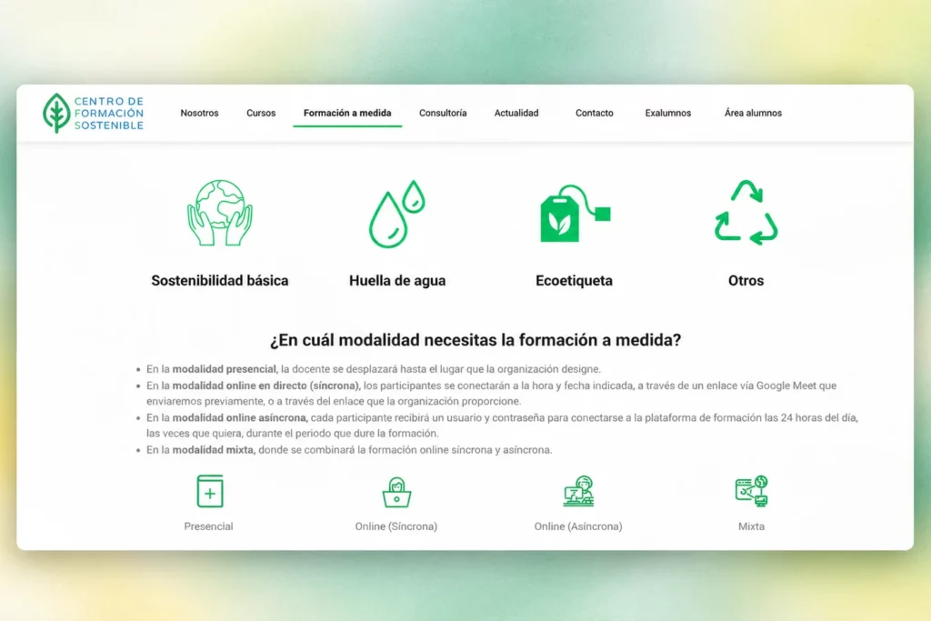 Formación a medida del Centro de Formación Sostenible: temas y modalidades presencial, online y mixta