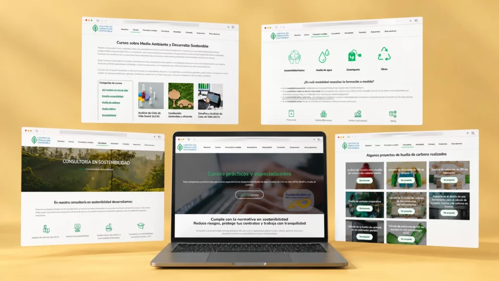 Un portátil con la web del Centro de Formación Sostenible rodeado de ventanas flotantes con sus cursos, la formación a medida, la consultoría y los proyectos, sobre fondo amarillo