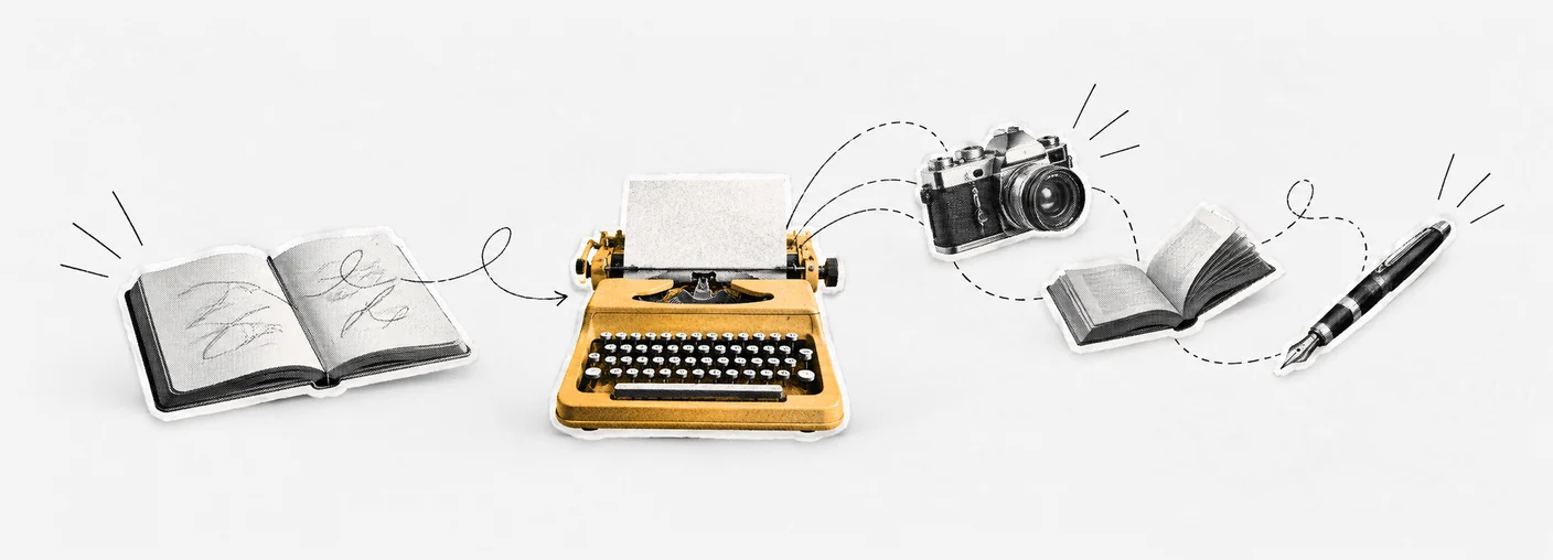 Collage: de una máquina de escribir amarilla salen una cámara de fotos, un libro abierto y una pluma estilográfica, junto a un cuaderno con garabatos