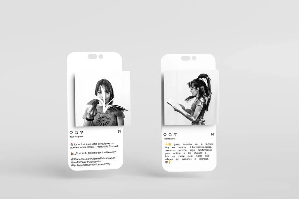Dos móviles con publicaciones de Instagram de El Placer de Leer protagonizadas por jóvenes lectoras