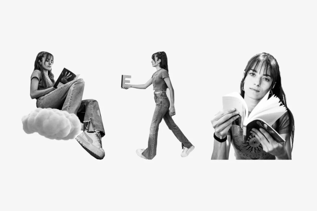 Tres recortes en blanco y negro de una joven leyendo, de las piezas gráficas de El Placer de Leer 2023-2024