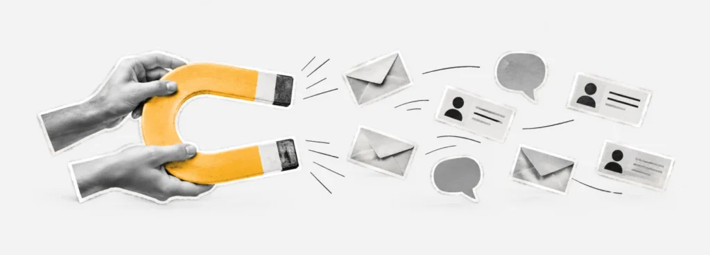 Collage: unas manos sostienen un imán amarillo que atrae sobres, bocadillos de diálogo y tarjetas de contacto