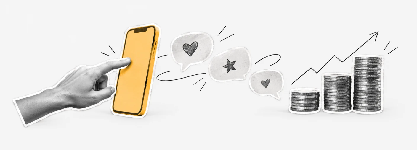 Collage: una mano toca un móvil amarillo del que salen bocadillos con corazones y estrellas hacia monedas y una gráfica que sube