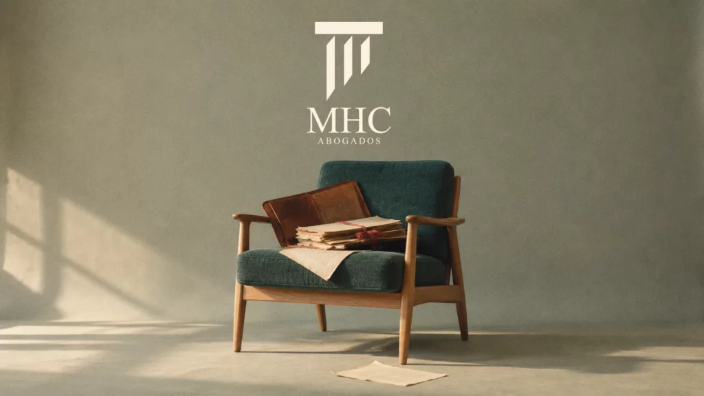 Un sillón de madera tapizado en verde con una cartera de piel y expedientes atados con cinta, bajo el logotipo de MHC Abogados