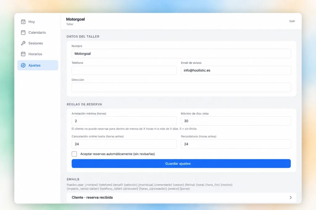 Ajustes del sistema de reservas de Motorgoal: datos del taller, reglas de reserva y emails automáticos