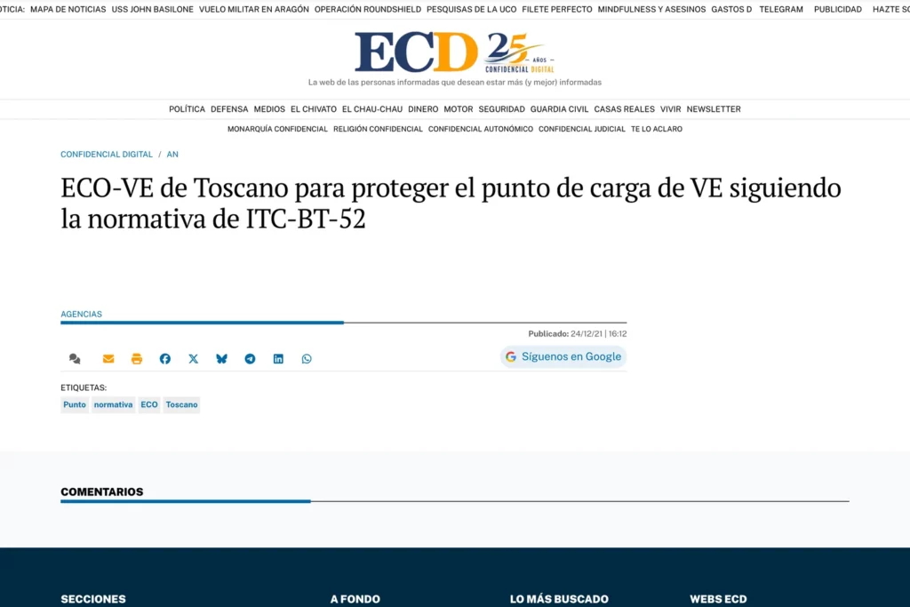 Noticia de El Confidencial Digital sobre ECO-VE de Toscano para proteger el punto de carga del vehículo eléctrico