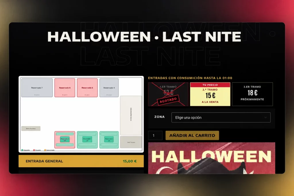Página de venta de entradas de la fiesta de Halloween de Sala Makam, con el plano de la sala, los reservados y los precios por tramos