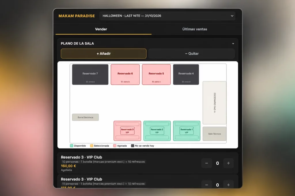Panel de taquilla de Makam Paradise con el plano de la sala y la venta de reservados VIP