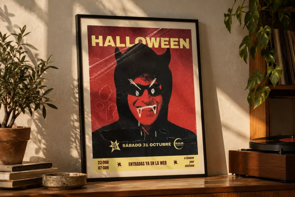 Cartel de la fiesta de Halloween de Sala Makam enmarcado sobre un mueble, junto a un tocadiscos y plantas