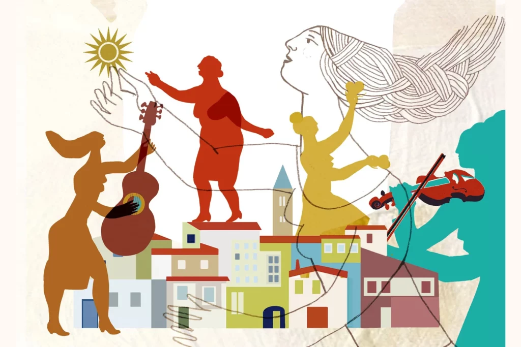 Ilustración de Sonoras: mujeres músicas con guitarra y violín sobre los tejados de un pueblo andaluz
