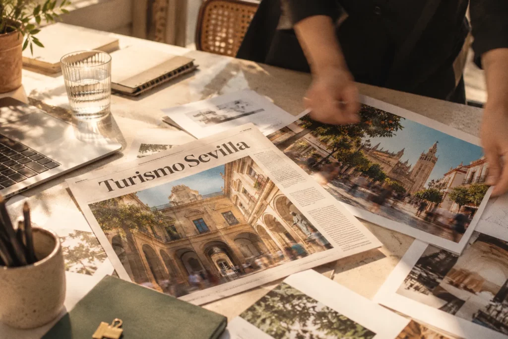 Mesa de trabajo con reportajes impresos de turismo en Sevilla y fotografías de la ciudad